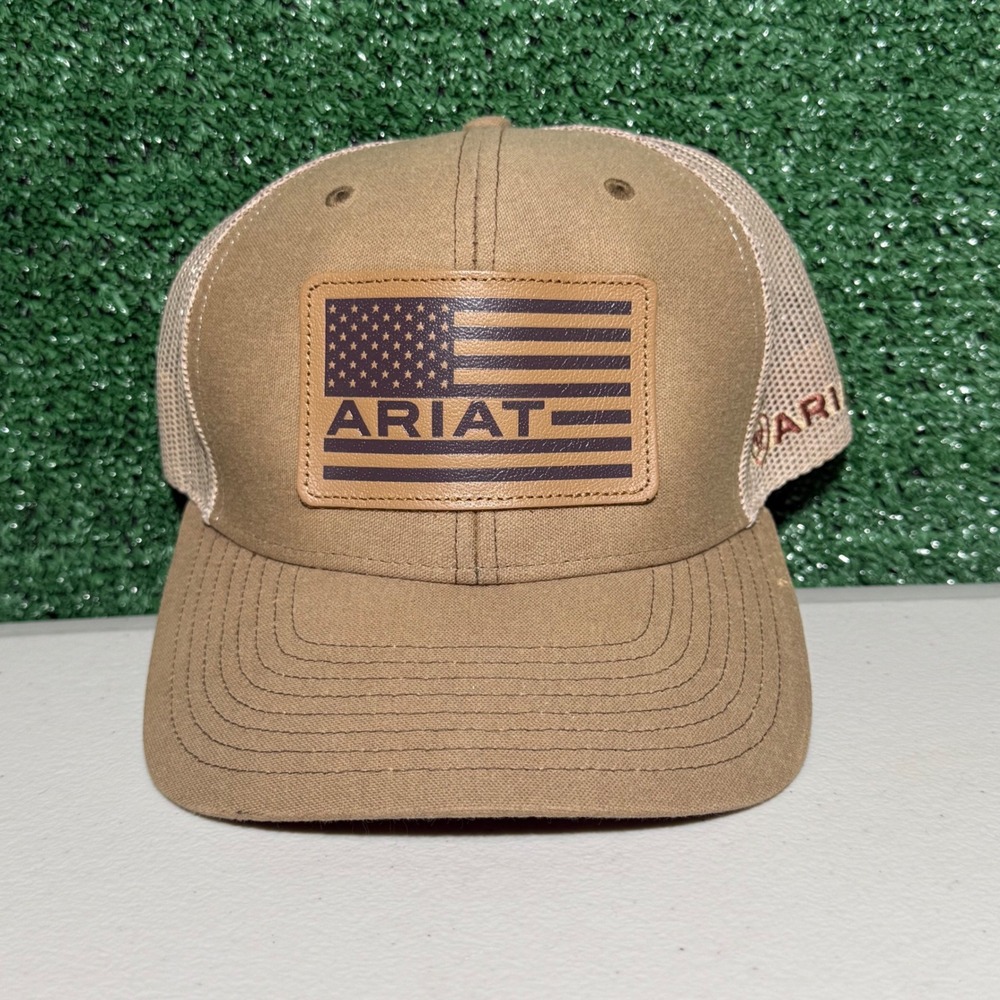 Ariat Trucker Hat Tan American Flag Leather Patch Snapback Mesh Cap One Size